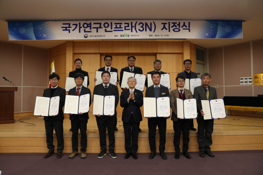 11일 경남 창원시 재료연구소에서 최기영(앞줄 왼쪽 네번째) 과기정통부 장관이 국가연구실 지정서를 수여하고 기념촬영을 하고 있다.                과기정통부 제공